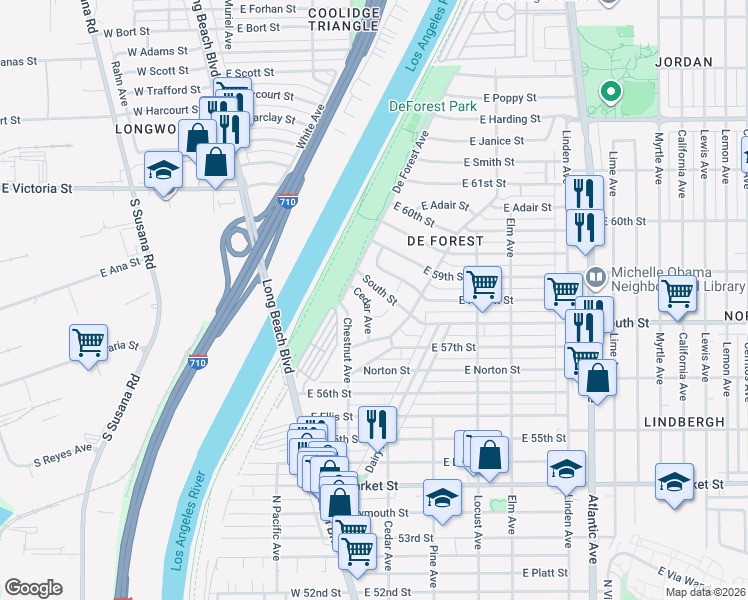 map of restaurants, bars, coffee shops, grocery stores, and more near 5762 Cedar Avenue in Long Beach