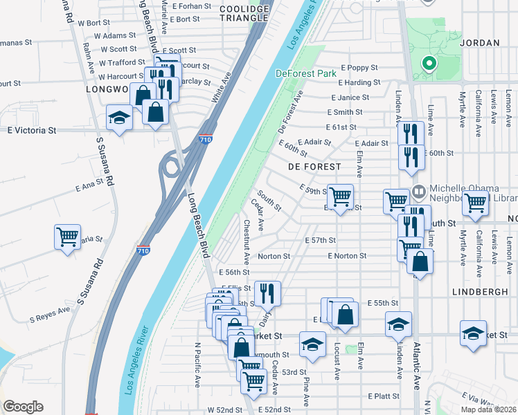 map of restaurants, bars, coffee shops, grocery stores, and more near 5762 Cedar Avenue in Long Beach