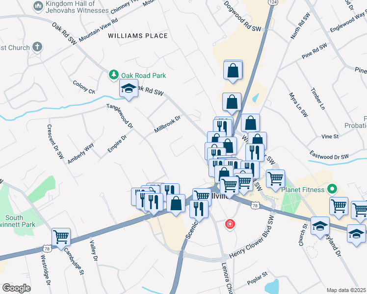 map of restaurants, bars, coffee shops, grocery stores, and more near 2133 Bird Lane Southwest in Snellville