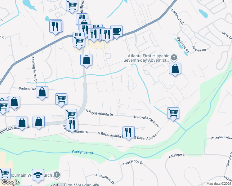 map of restaurants, bars, coffee shops, grocery stores, and more near 2514 Leeshire Road in Tucker
