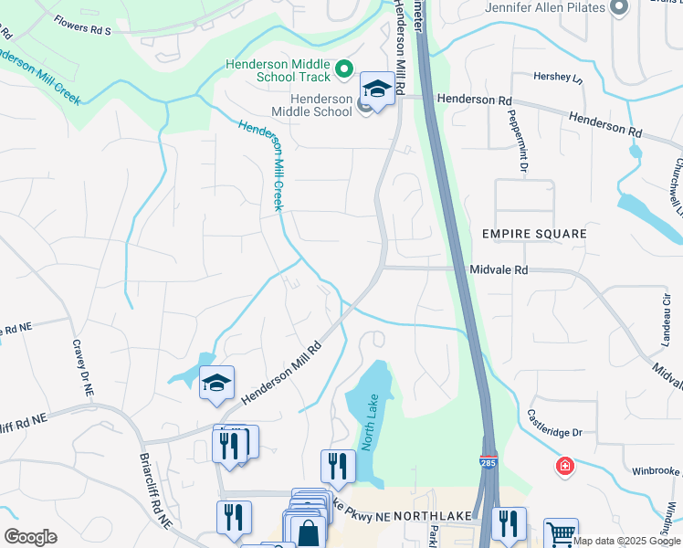 map of restaurants, bars, coffee shops, grocery stores, and more near 2610 Henderson Mill Road in Atlanta