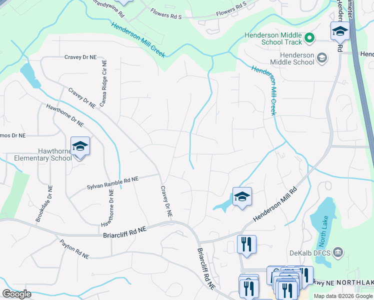 map of restaurants, bars, coffee shops, grocery stores, and more near 3040 Boxwood Drive Northeast in Atlanta