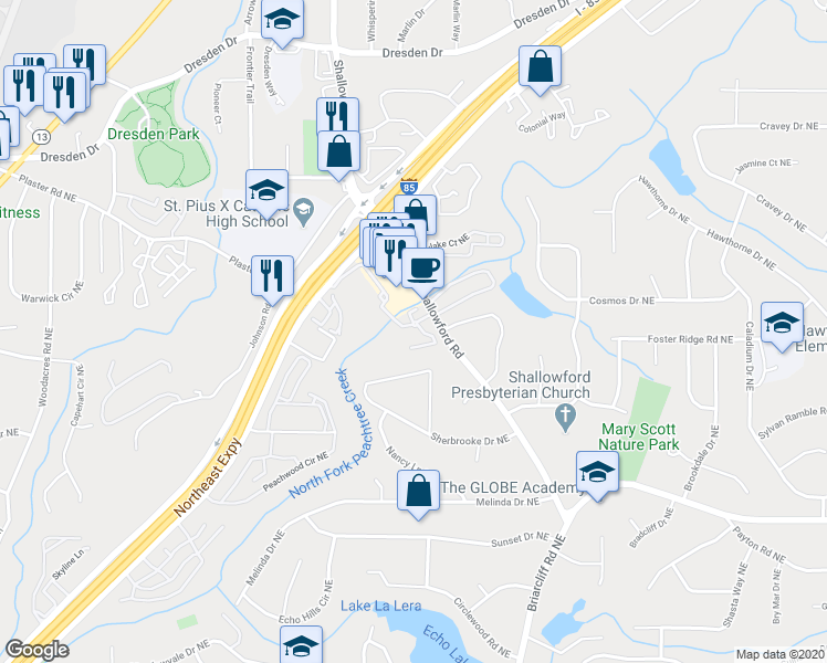 map of restaurants, bars, coffee shops, grocery stores, and more near 2500 Shallowford Road in Atlanta
