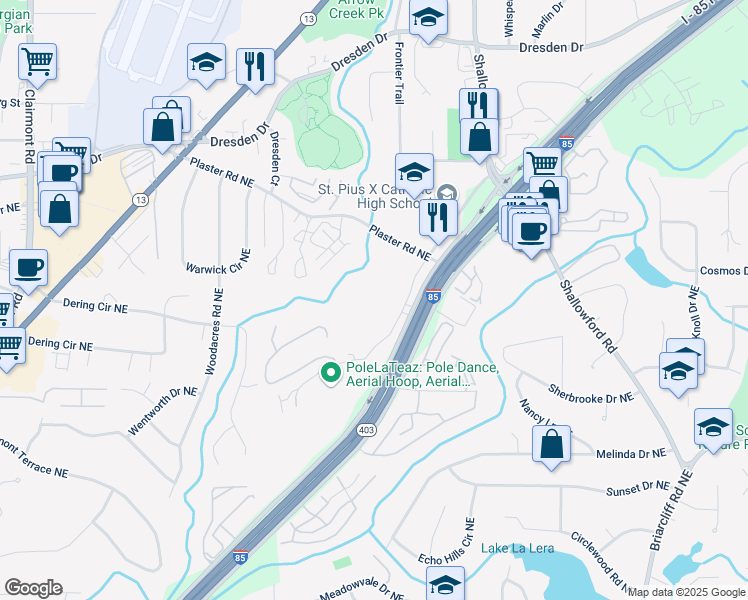 map of restaurants, bars, coffee shops, grocery stores, and more near 2560 New Haven Drive Northeast in Atlanta