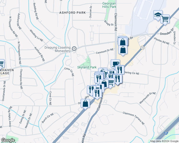 map of restaurants, bars, coffee shops, grocery stores, and more near 2542 Skyland Drive Northeast in Atlanta