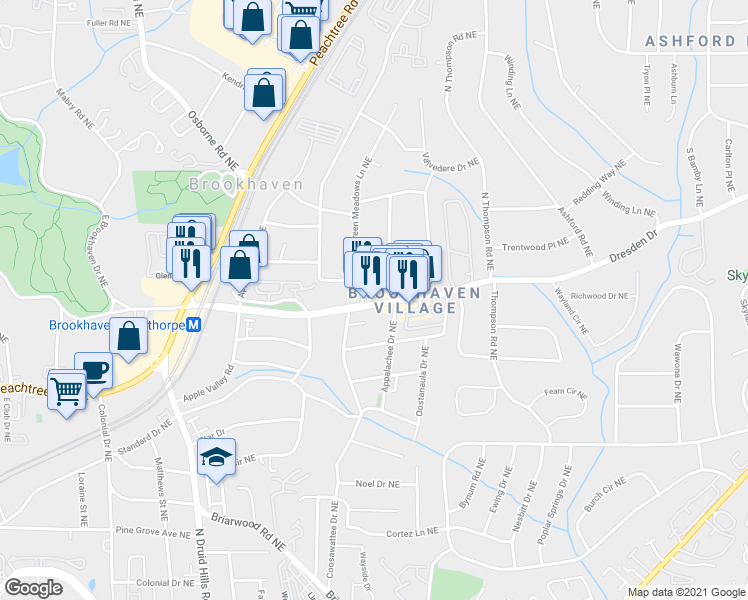 map of restaurants, bars, coffee shops, grocery stores, and more near 130 Dresden Drive Northeast in Atlanta