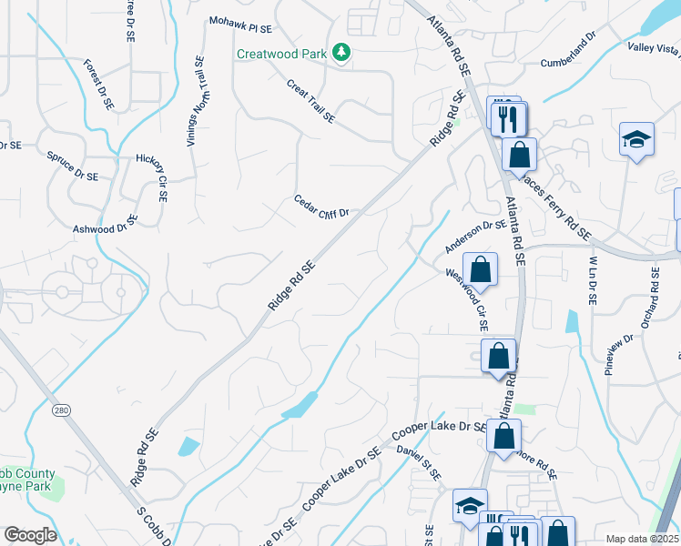 map of restaurants, bars, coffee shops, grocery stores, and more near 2039 Cliff Creek Court Southeast in Smyrna