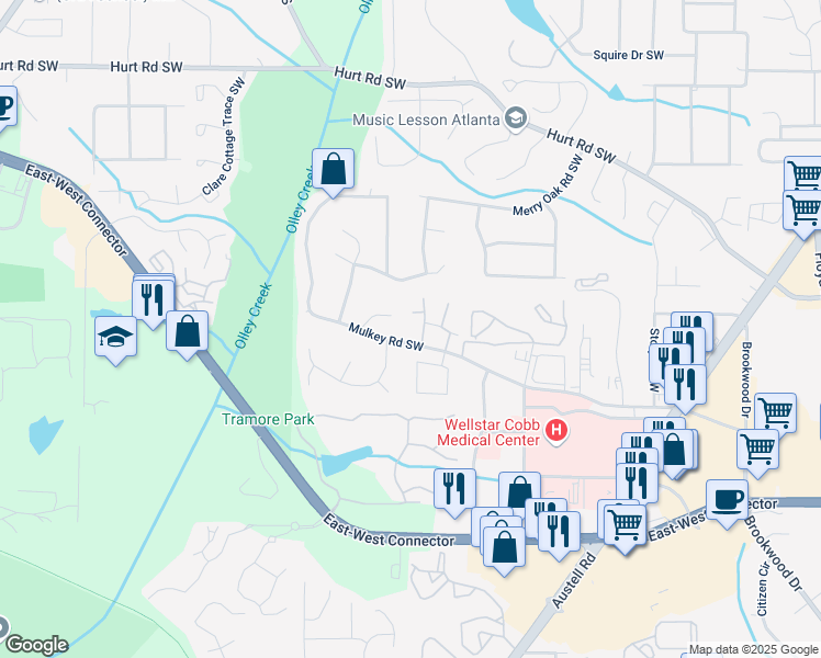 map of restaurants, bars, coffee shops, grocery stores, and more near 3888 Mulkey Circle Southwest in Marietta