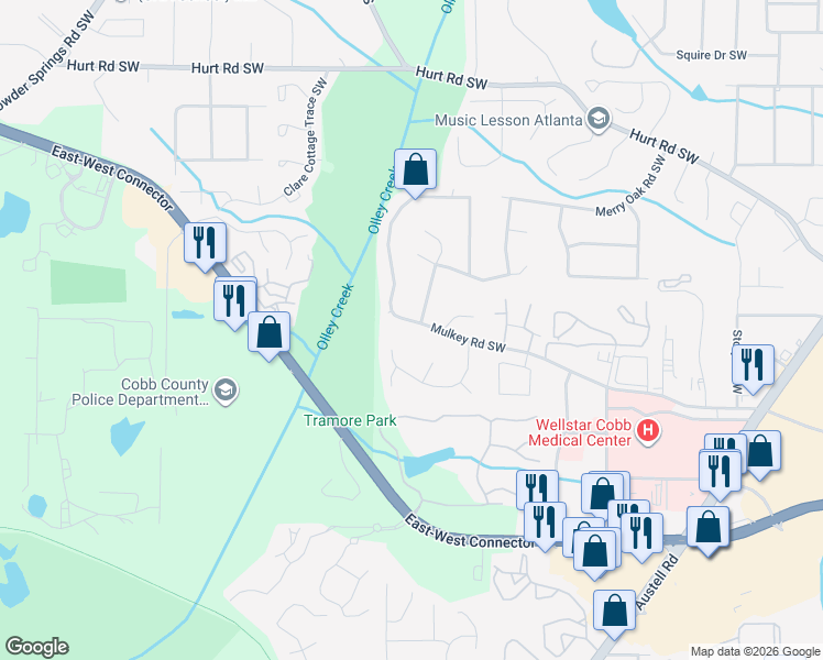 map of restaurants, bars, coffee shops, grocery stores, and more near 2031 Mulkey Road Southwest in Marietta
