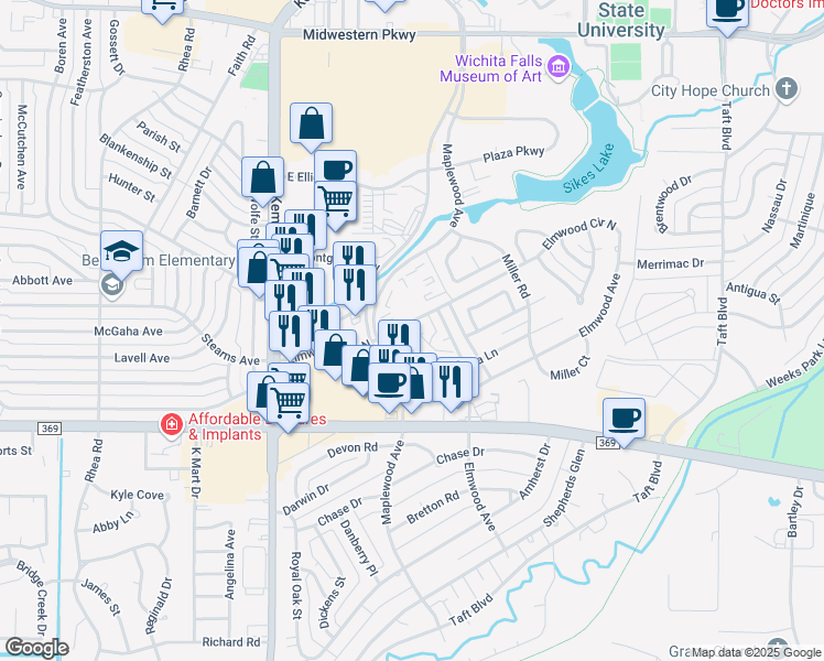 map of restaurants, bars, coffee shops, grocery stores, and more near 7 Villa Court in Wichita Falls