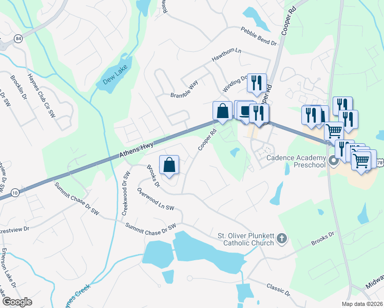 map of restaurants, bars, coffee shops, grocery stores, and more near 2920 Cooper Brook Drive in Snellville