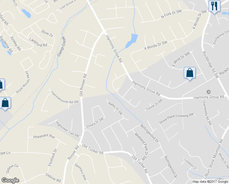 map of restaurants, bars, coffee shops, grocery stores, and more near 295 Nimblewill Way Southwest in Lilburn