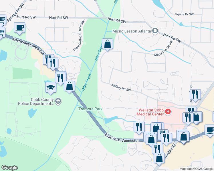 map of restaurants, bars, coffee shops, grocery stores, and more near 2031 Mulkey Road Southwest in Marietta