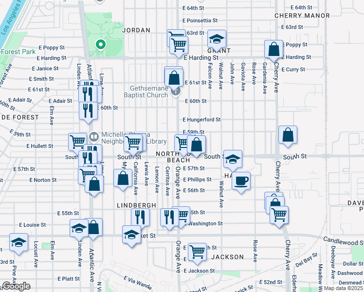 map of restaurants, bars, coffee shops, grocery stores, and more near 5840 Orange Avenue in Long Beach