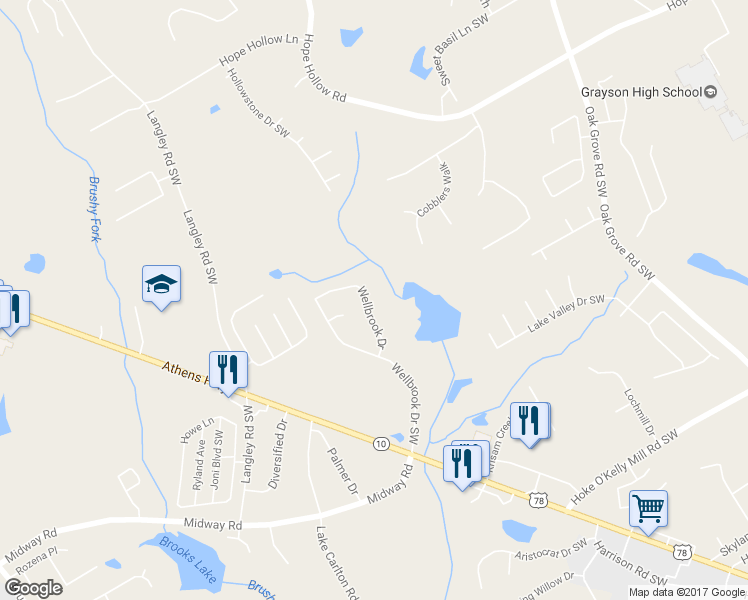 map of restaurants, bars, coffee shops, grocery stores, and more near 3065 Wellbrook Drive in Loganville