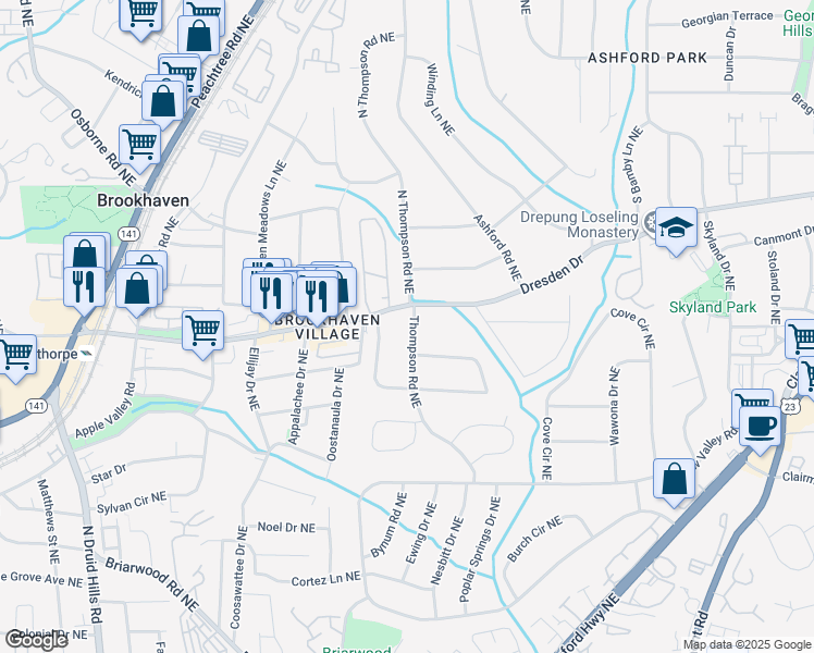 map of restaurants, bars, coffee shops, grocery stores, and more near 2552 North Thompson Road Northeast in Atlanta