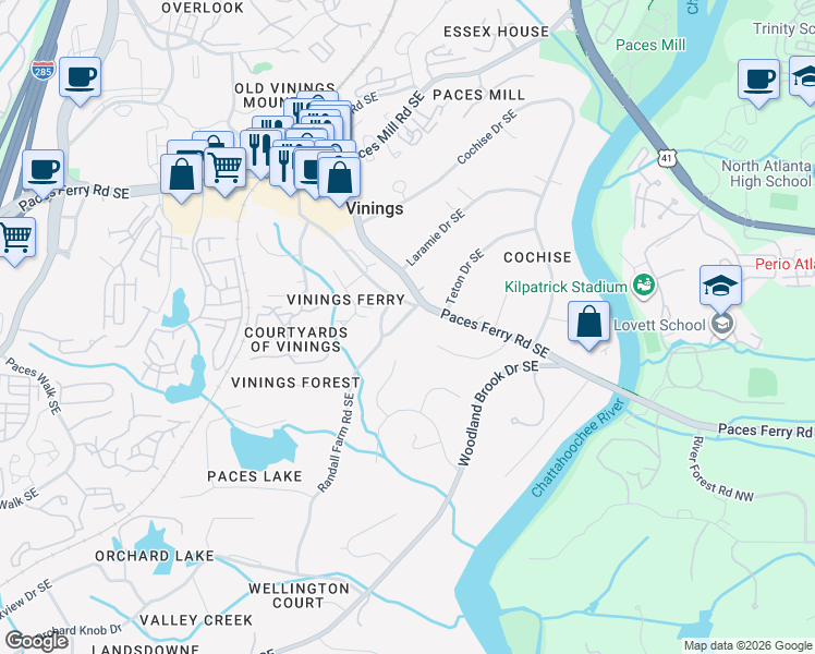 map of restaurants, bars, coffee shops, grocery stores, and more near 3781 Randall Farm Road Southeast in Atlanta