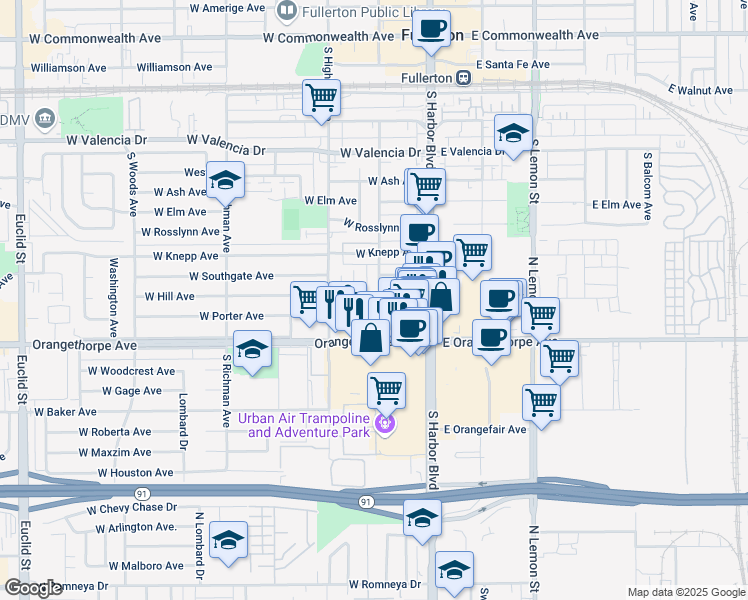 map of restaurants, bars, coffee shops, grocery stores, and more near 162 West Hill Avenue in Fullerton