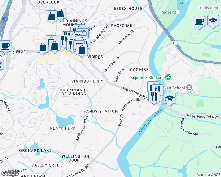 map of restaurants, bars, coffee shops, grocery stores, and more near 4266 Paces Ferry Road Southeast in Atlanta