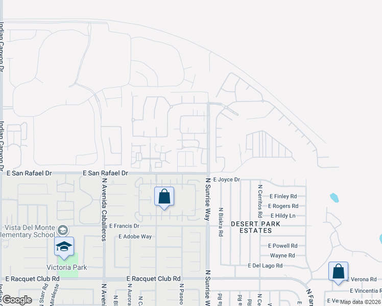 map of restaurants, bars, coffee shops, grocery stores, and more near 3293 North Mica Drive in Palm Springs