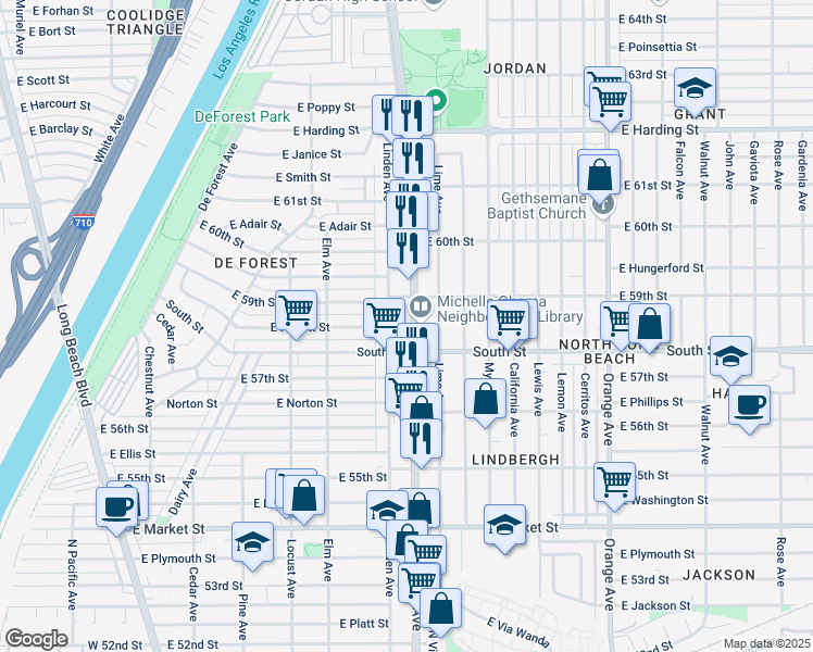 map of restaurants, bars, coffee shops, grocery stores, and more near 5845 Atlantic Avenue in Long Beach