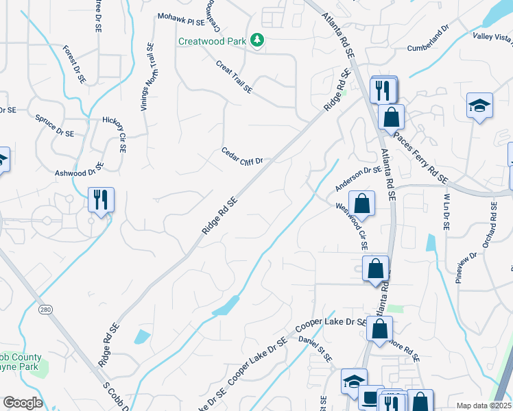 map of restaurants, bars, coffee shops, grocery stores, and more near 2039 Cliff Creek Court Southeast in Smyrna