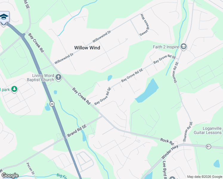 map of restaurants, bars, coffee shops, grocery stores, and more near 3801 Bay Forest Way in Loganville