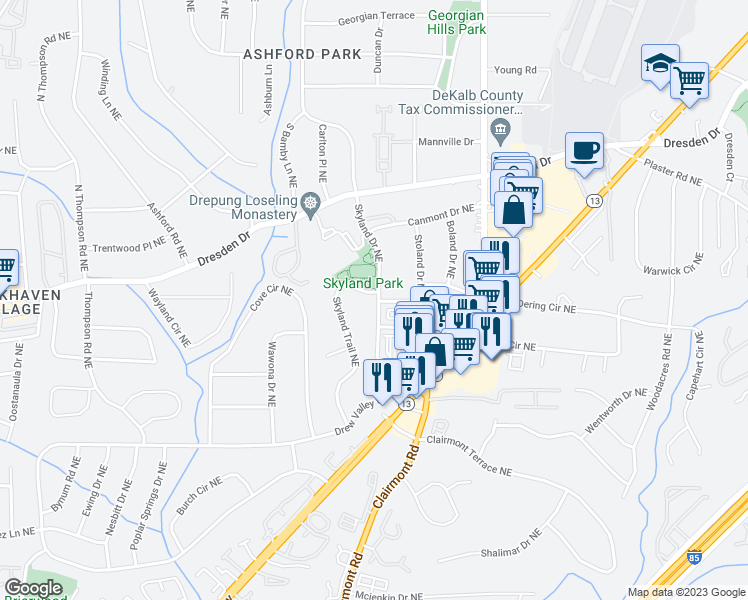 map of restaurants, bars, coffee shops, grocery stores, and more near 2542 Skyland Drive Northeast in Atlanta