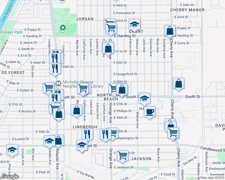 map of restaurants, bars, coffee shops, grocery stores, and more near 5840 Orange Avenue in Long Beach