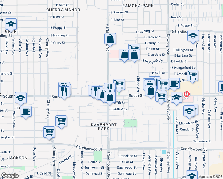 map of restaurants, bars, coffee shops, grocery stores, and more near 2712 East Hullett Street in Long Beach