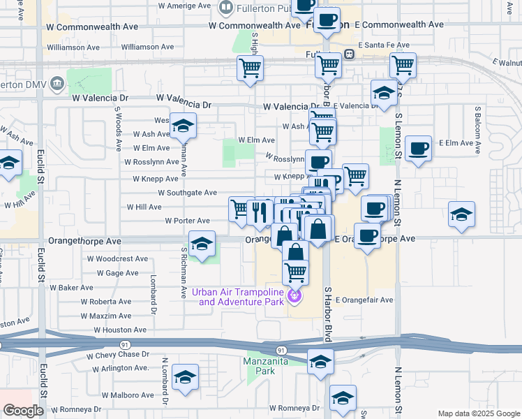 map of restaurants, bars, coffee shops, grocery stores, and more near 52 West Hill Avenue in Fullerton