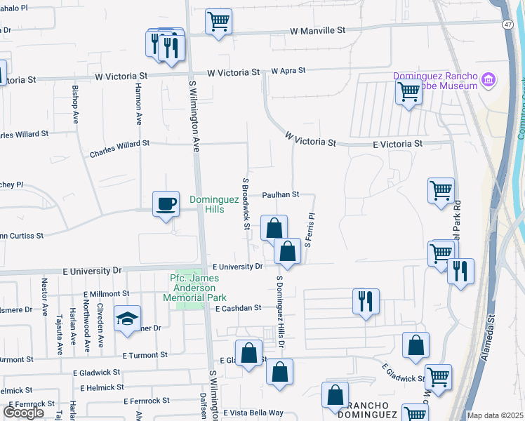map of restaurants, bars, coffee shops, grocery stores, and more near 18600 South Broadwick Street in Compton