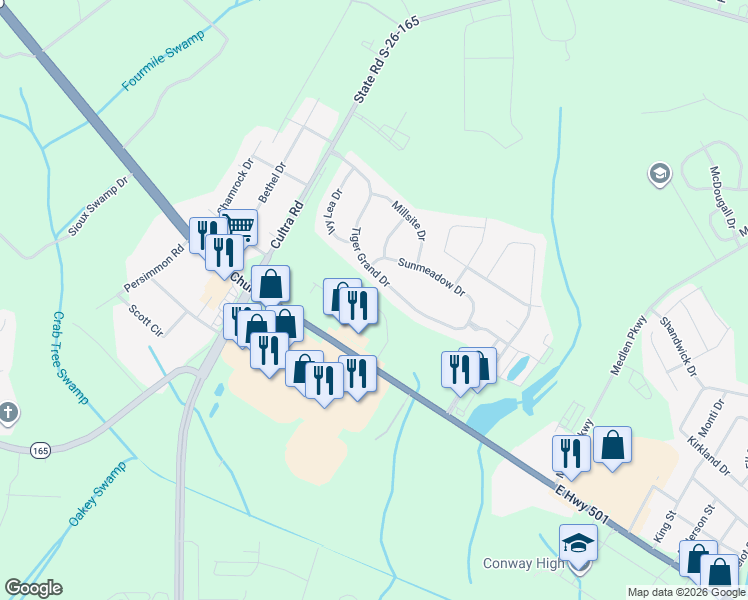 map of restaurants, bars, coffee shops, grocery stores, and more near 1424 Tiger Grand Drive in Conway