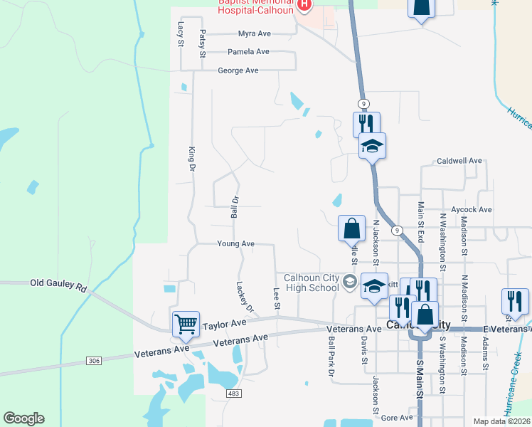 map of restaurants, bars, coffee shops, grocery stores, and more near 444 Tutor Avenue in Calhoun City