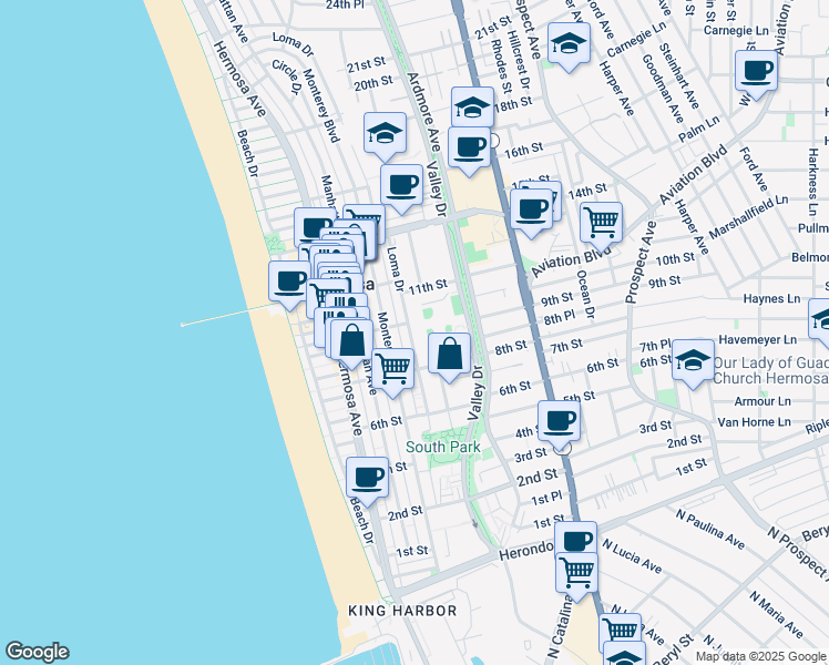 map of restaurants, bars, coffee shops, grocery stores, and more near 936 Loma Drive in Hermosa Beach