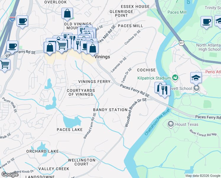 map of restaurants, bars, coffee shops, grocery stores, and more near 3781 Randall Farm Road Southeast in Atlanta