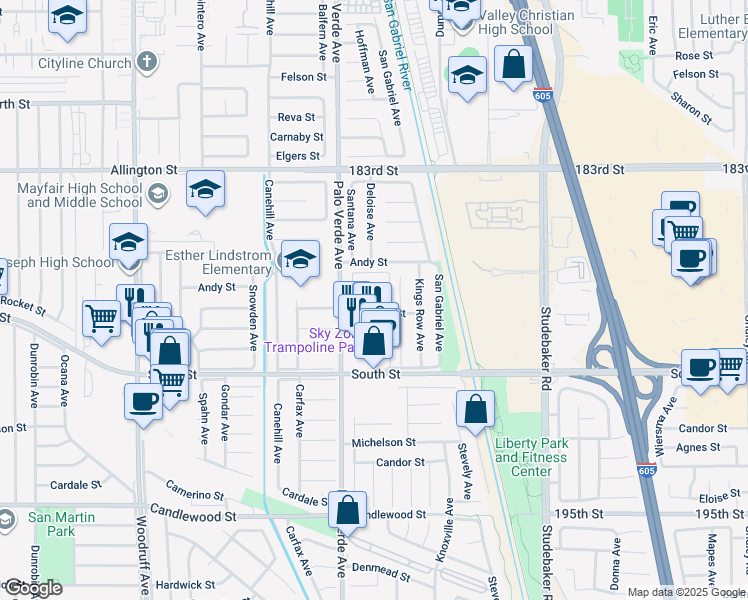 map of restaurants, bars, coffee shops, grocery stores, and more near 18717 Del Rio Place in Cerritos