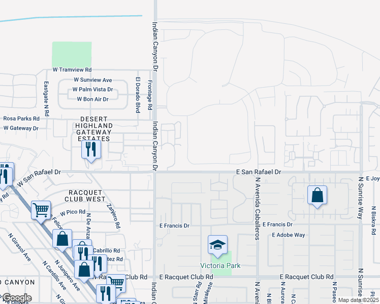 map of restaurants, bars, coffee shops, grocery stores, and more near 3564 Taylor Drive in Palm Springs