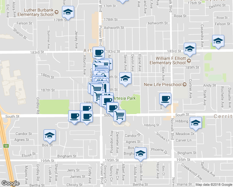 map of restaurants, bars, coffee shops, grocery stores, and more near 18713 Clarkdale Avenue in Artesia