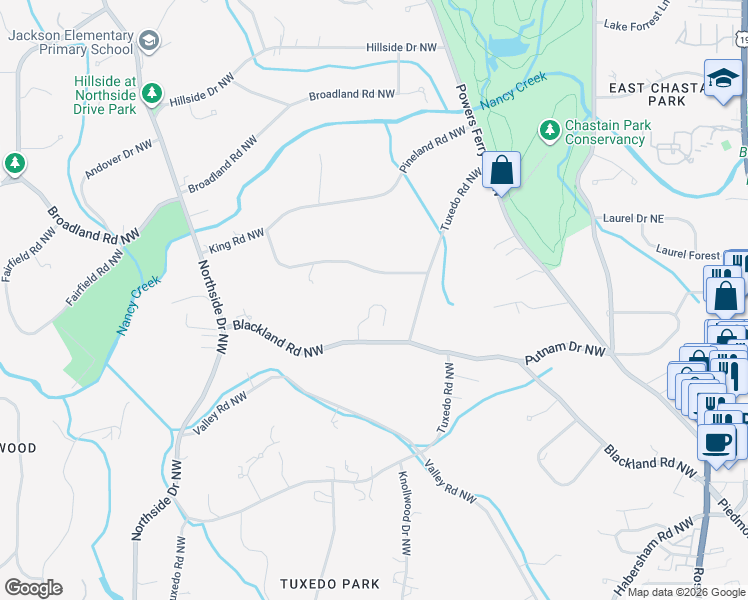 map of restaurants, bars, coffee shops, grocery stores, and more near 281 Blackland Road Northwest in Atlanta