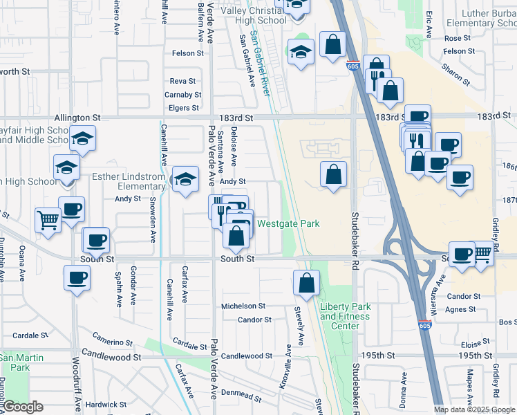 map of restaurants, bars, coffee shops, grocery stores, and more near 18706 Rhine Place in Cerritos