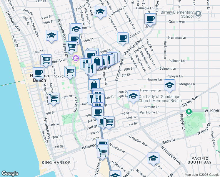 map of restaurants, bars, coffee shops, grocery stores, and more near 1025 7th Street in Hermosa Beach