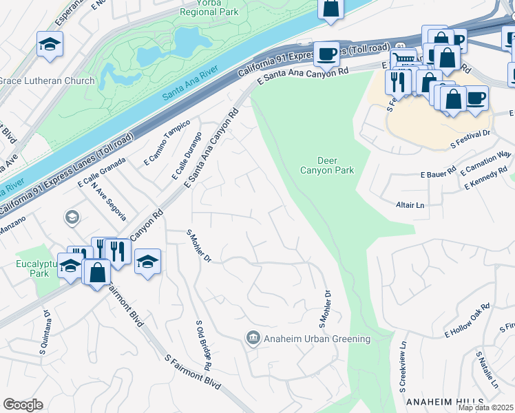map of restaurants, bars, coffee shops, grocery stores, and more near 180 South Possum Hollow in Anaheim