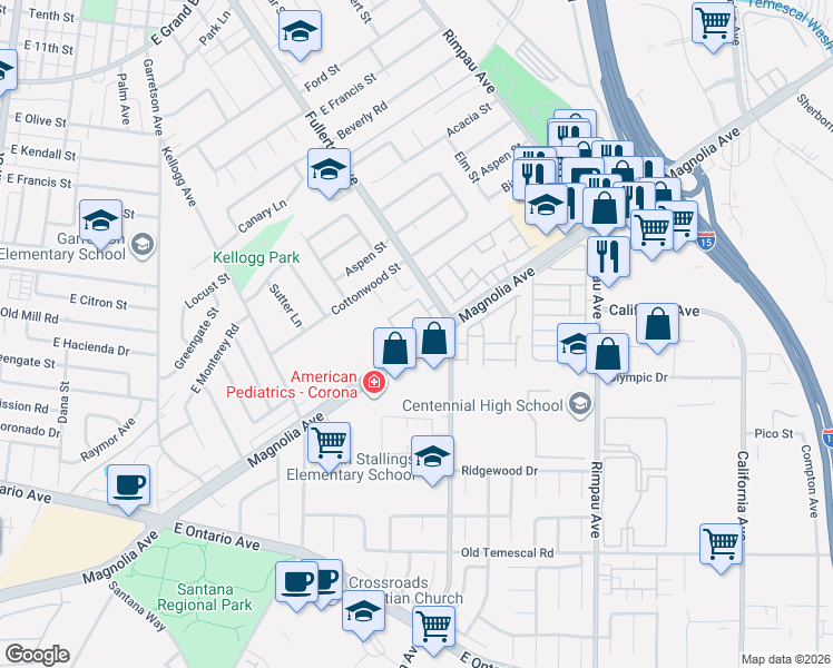 map of restaurants, bars, coffee shops, grocery stores, and more near 860 Tangerine Street in Corona