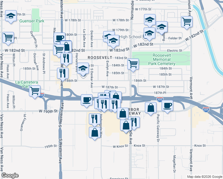 map of restaurants, bars, coffee shops, grocery stores, and more near 1474 W 187th St in Gardena