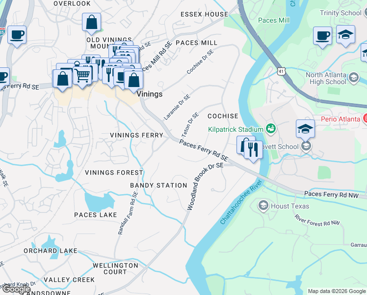 map of restaurants, bars, coffee shops, grocery stores, and more near 4248 Paces Ferry Road Southeast in Atlanta
