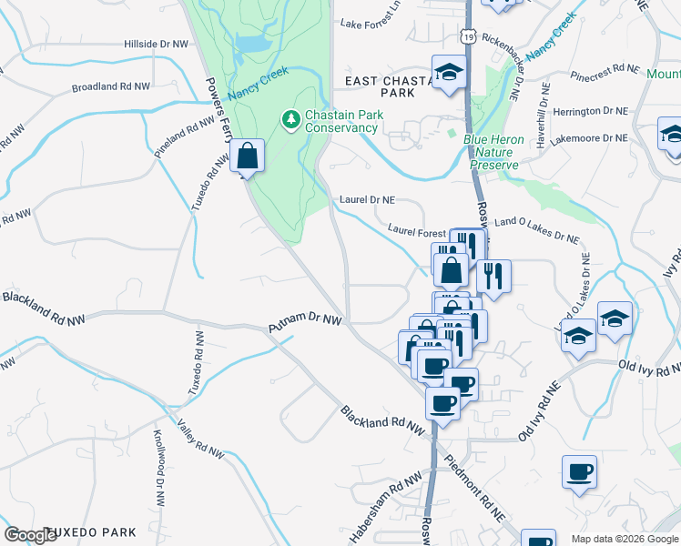 map of restaurants, bars, coffee shops, grocery stores, and more near 3886 Lake Forrest Drive Northeast in Atlanta