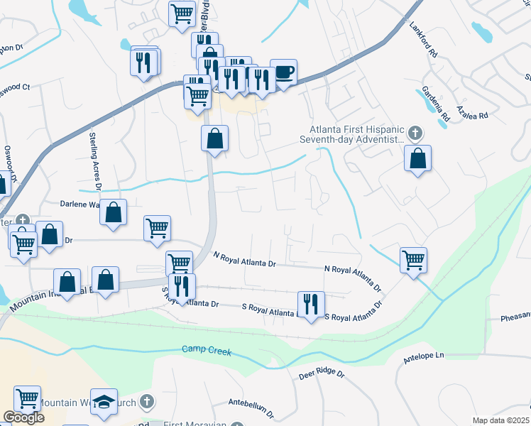 map of restaurants, bars, coffee shops, grocery stores, and more near 2550 Presidents Walk in Tucker