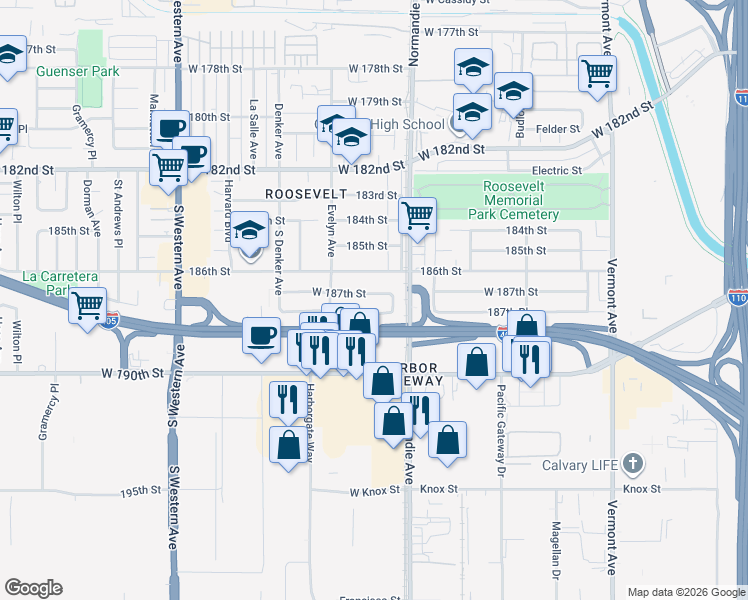 map of restaurants, bars, coffee shops, grocery stores, and more near 1436 West 187th Street in Gardena
