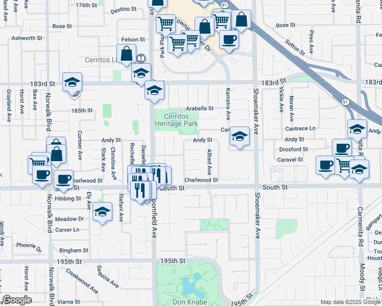 map of restaurants, bars, coffee shops, grocery stores, and more near 12722 Droxford Street in Cerritos